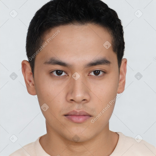 Neutral asian young-adult male with short  brown hair and brown eyes