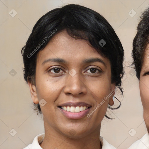 Joyful black young-adult female with medium  brown hair and brown eyes