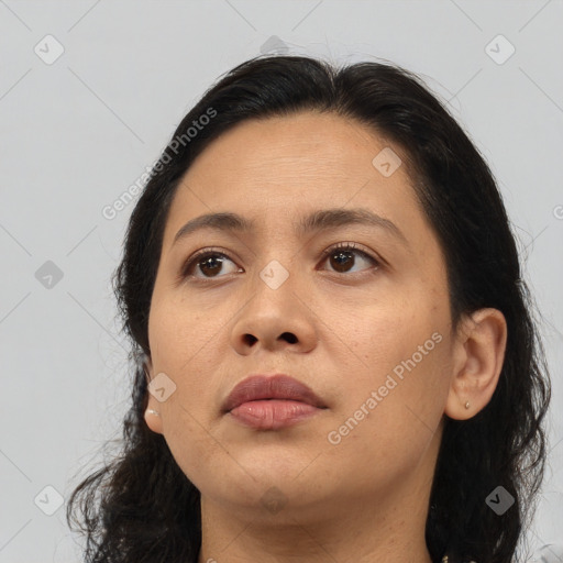 Neutral asian young-adult female with medium  brown hair and brown eyes