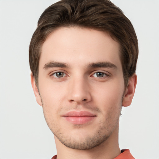 Neutral white young-adult male with short  brown hair and brown eyes