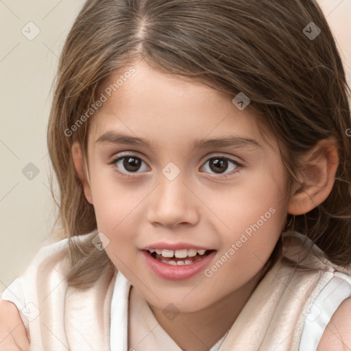 Joyful white child female with medium  brown hair and brown eyes