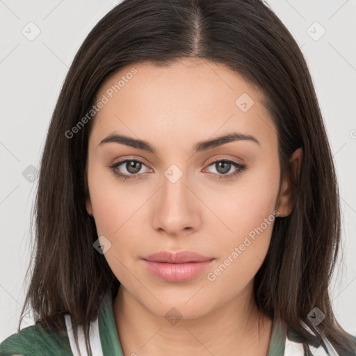 Neutral white young-adult female with long  brown hair and brown eyes