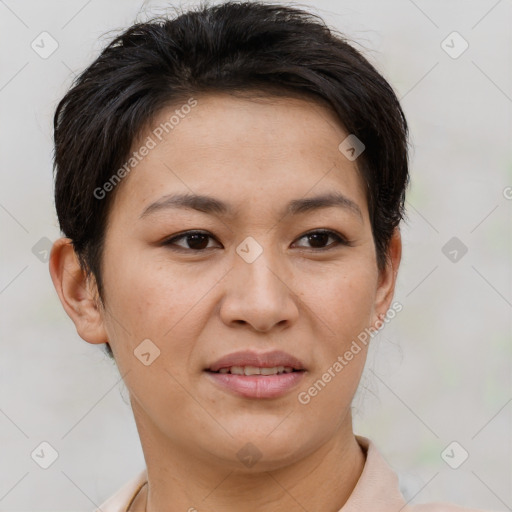 Joyful asian young-adult female with short  brown hair and brown eyes