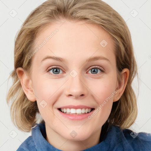 Joyful white young-adult female with medium  brown hair and blue eyes