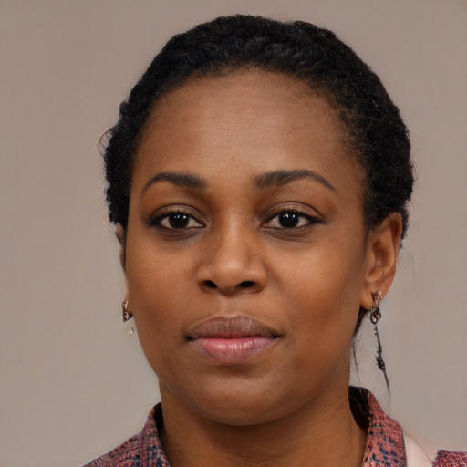 Neutral black young-adult female with medium  black hair and brown eyes
