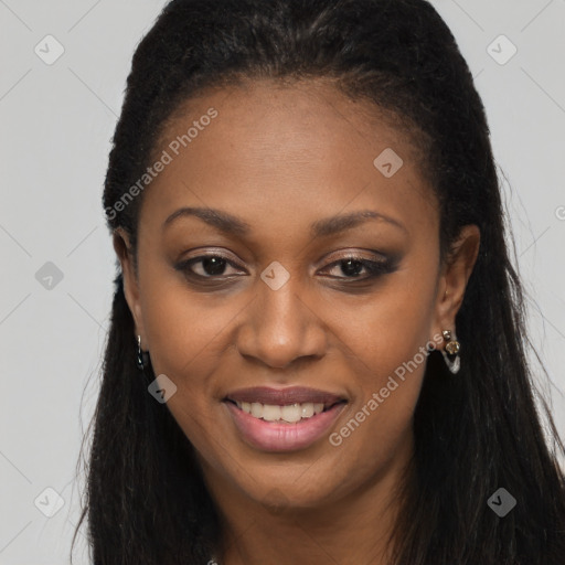 Joyful black young-adult female with long  brown hair and brown eyes