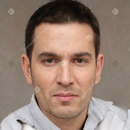 Neutral white adult male with short  brown hair and brown eyes