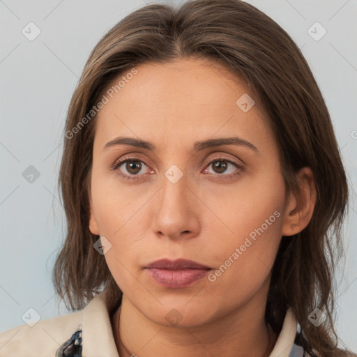 Neutral white young-adult female with medium  brown hair and brown eyes