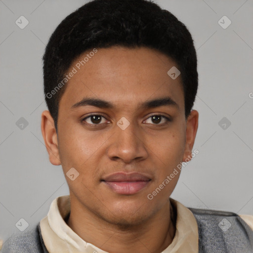 Neutral latino young-adult male with short  black hair and brown eyes