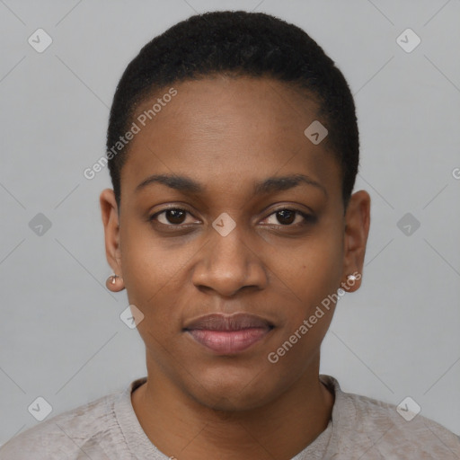 Joyful black young-adult female with short  black hair and brown eyes