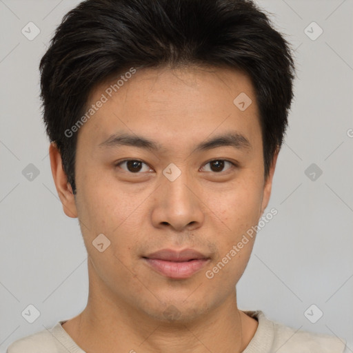 Neutral asian young-adult male with short  brown hair and brown eyes