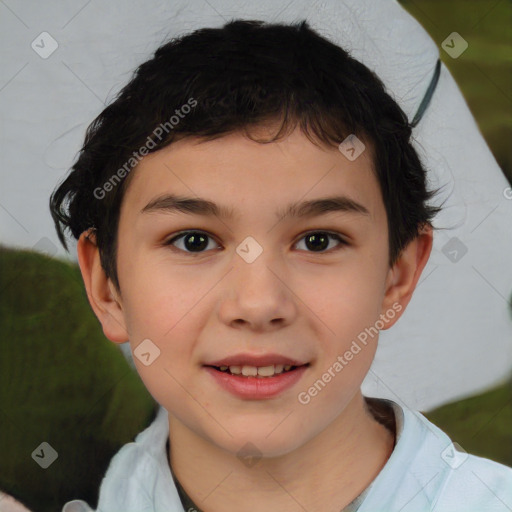 Joyful white child female with short  brown hair and brown eyes