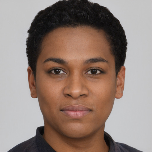 Neutral latino young-adult female with short  black hair and brown eyes