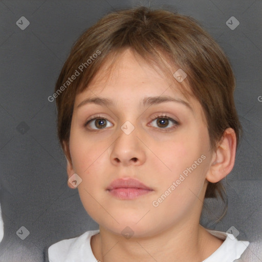 Neutral white young-adult female with short  brown hair and brown eyes