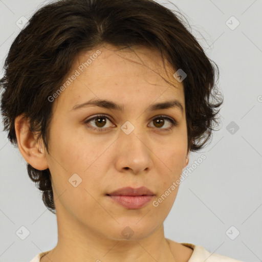 Neutral white young-adult female with medium  brown hair and brown eyes