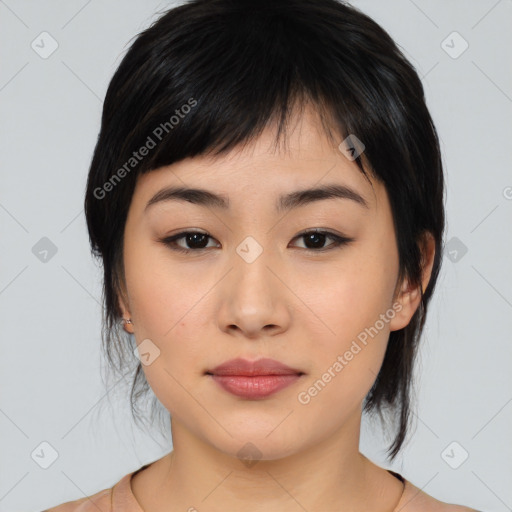 Neutral asian young-adult female with medium  black hair and brown eyes