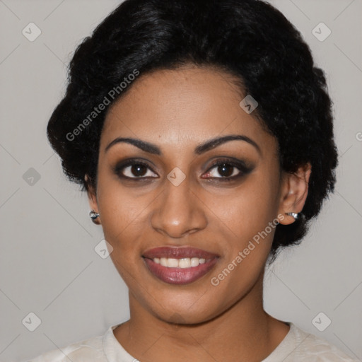 Joyful latino young-adult female with short  black hair and brown eyes