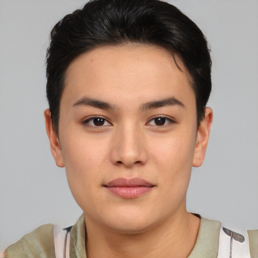 Joyful asian young-adult female with short  brown hair and brown eyes