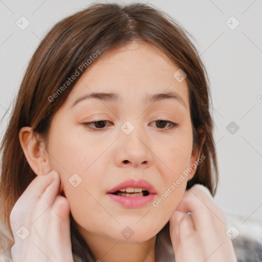 Neutral white young-adult female with medium  brown hair and brown eyes