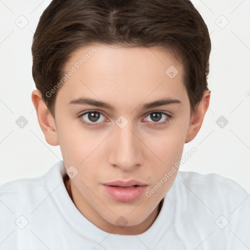 Neutral white young-adult female with short  brown hair and brown eyes