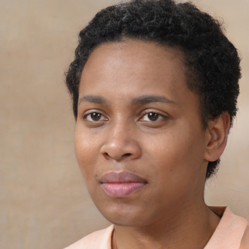 Neutral black young-adult female with short  black hair and brown eyes