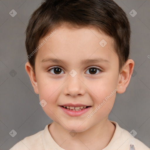 Joyful white child male with short  brown hair and brown eyes