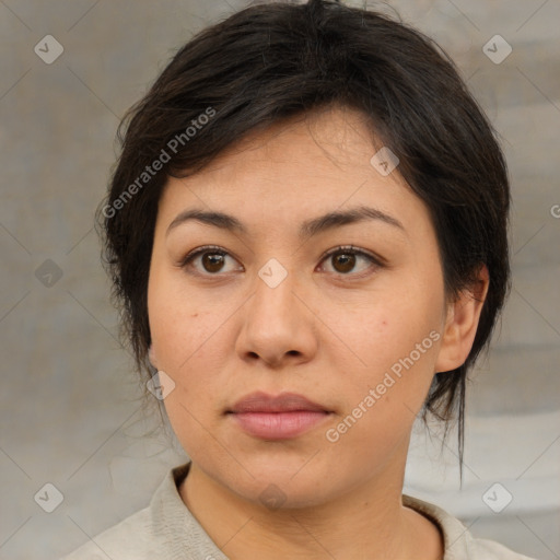 Neutral asian young-adult female with medium  brown hair and brown eyes