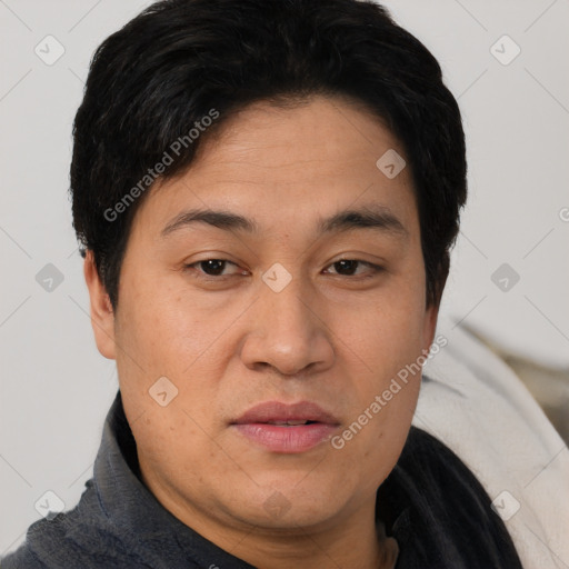 Joyful asian adult female with short  brown hair and brown eyes