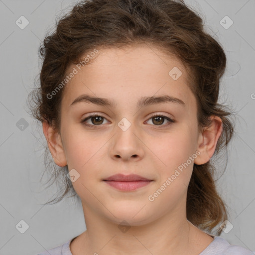 Joyful white child female with medium  brown hair and brown eyes