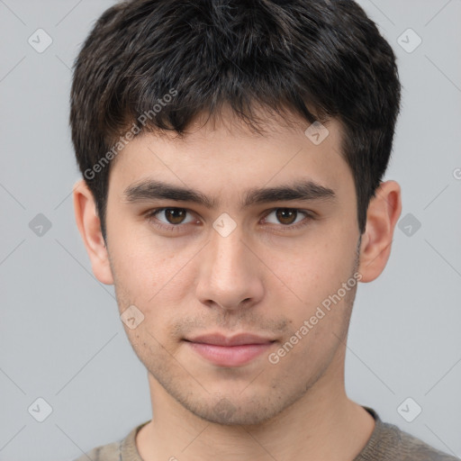 Neutral white young-adult male with short  brown hair and brown eyes