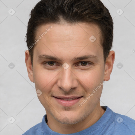 Joyful white young-adult male with short  brown hair and brown eyes