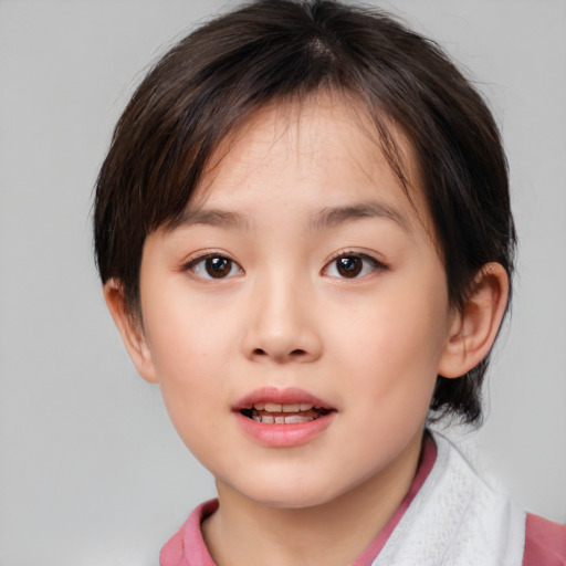 Joyful white child female with medium  brown hair and brown eyes