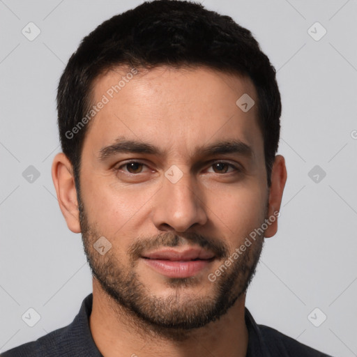 Joyful white young-adult male with short  brown hair and brown eyes