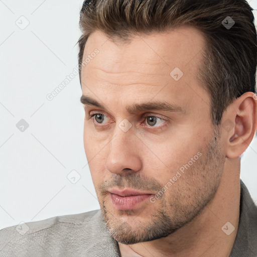 Neutral white adult male with short  brown hair and brown eyes