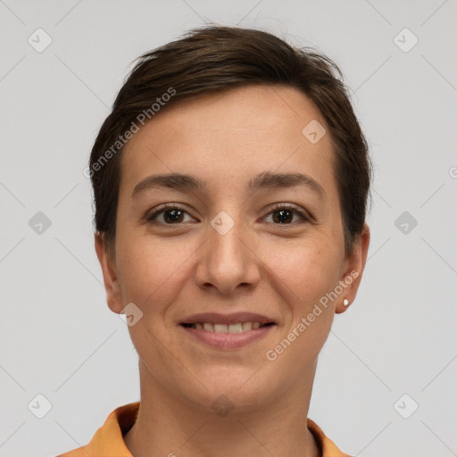 Joyful white young-adult female with short  brown hair and brown eyes