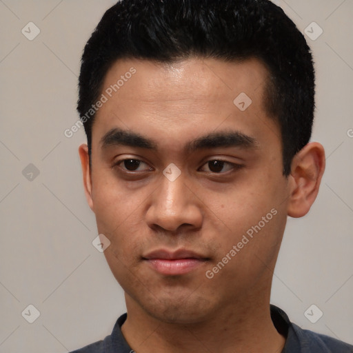 Neutral asian young-adult male with short  black hair and brown eyes