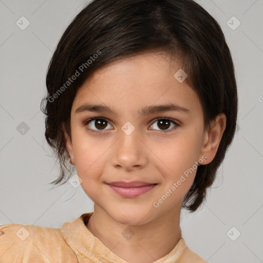 Joyful white child female with medium  brown hair and brown eyes