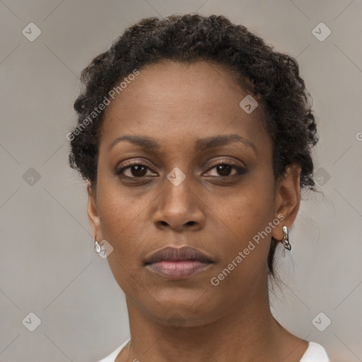 Neutral black young-adult female with short  brown hair and brown eyes