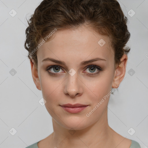 Neutral white young-adult female with short  brown hair and brown eyes