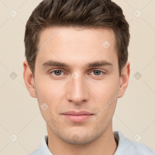 Neutral white young-adult male with short  brown hair and brown eyes