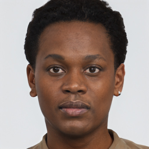 Neutral black young-adult female with short  black hair and brown eyes