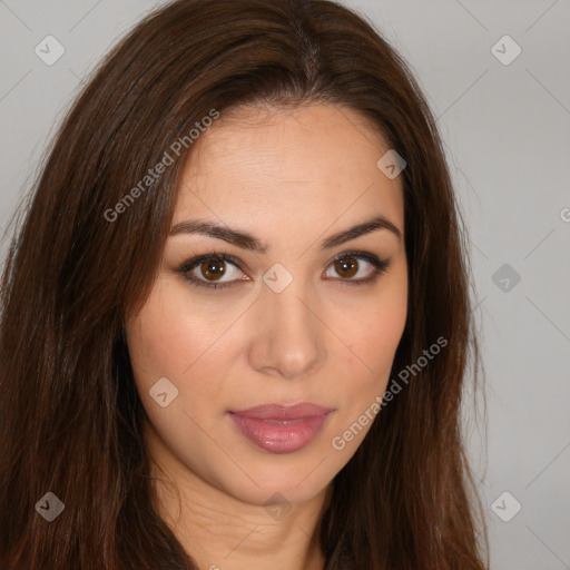 Neutral white young-adult female with long  brown hair and brown eyes