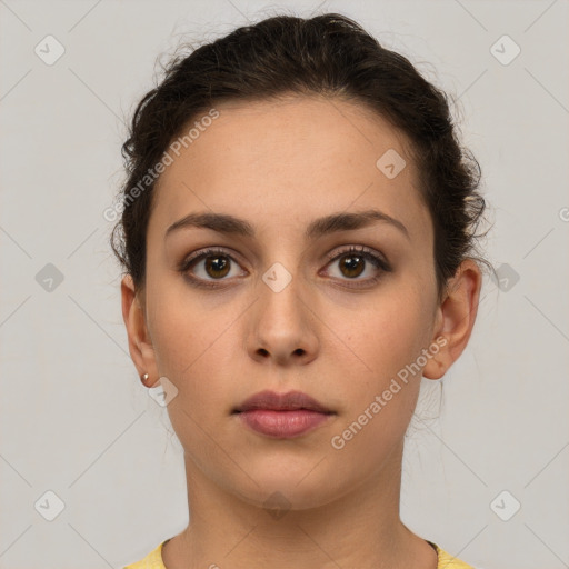 Neutral white young-adult female with short  brown hair and brown eyes