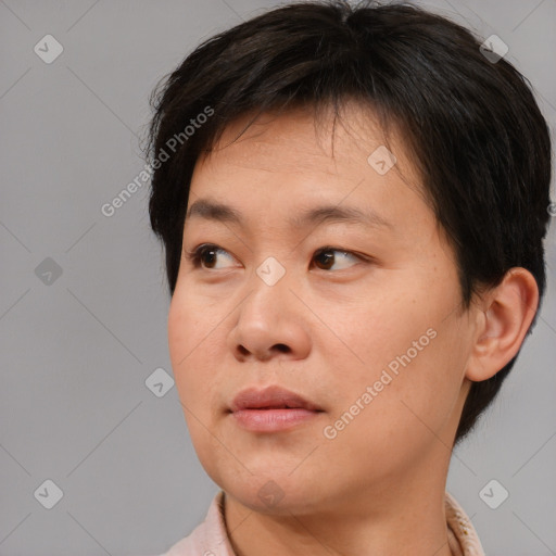 Neutral asian young-adult male with short  brown hair and brown eyes