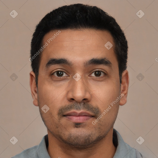 Neutral latino young-adult male with short  black hair and brown eyes