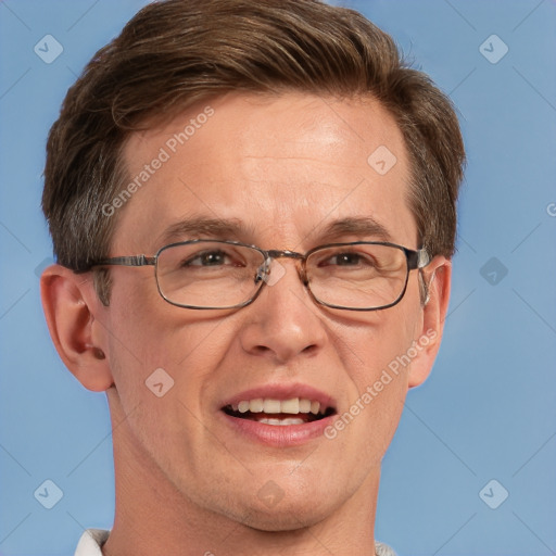 Joyful white adult male with short  brown hair and grey eyes