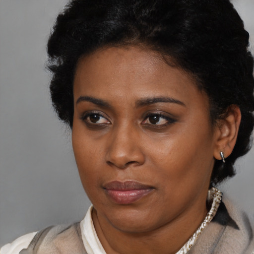 Neutral black young-adult female with short  black hair and brown eyes