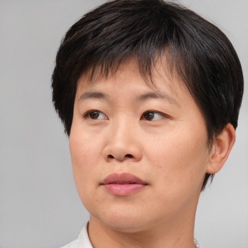 Joyful asian young-adult female with short  brown hair and brown eyes