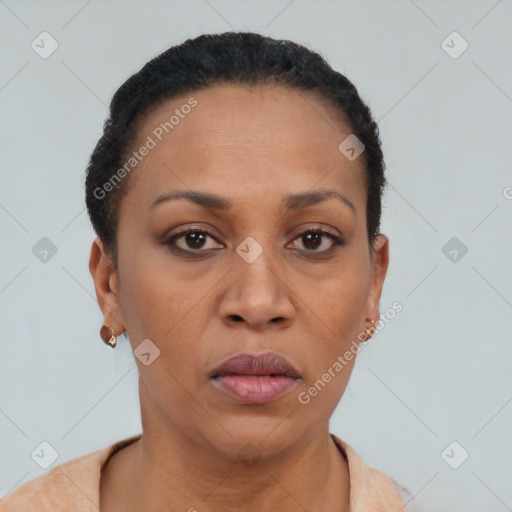 Neutral black adult female with short  brown hair and brown eyes