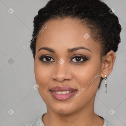 Joyful black young-adult female with short  brown hair and brown eyes